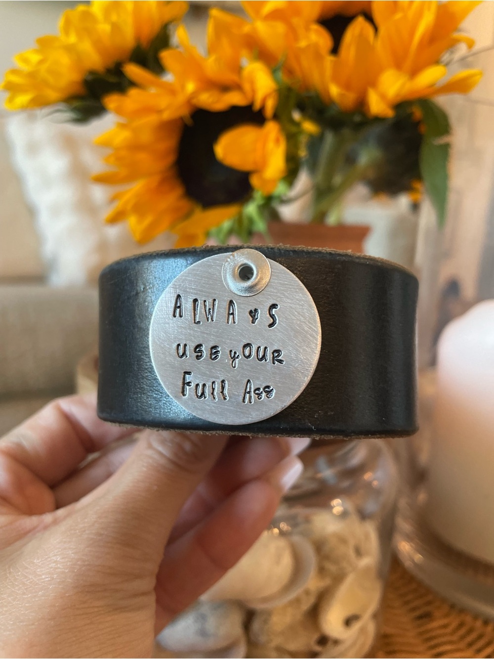 Leather Cuff Bracelet with Silver Motivational Disk - Black